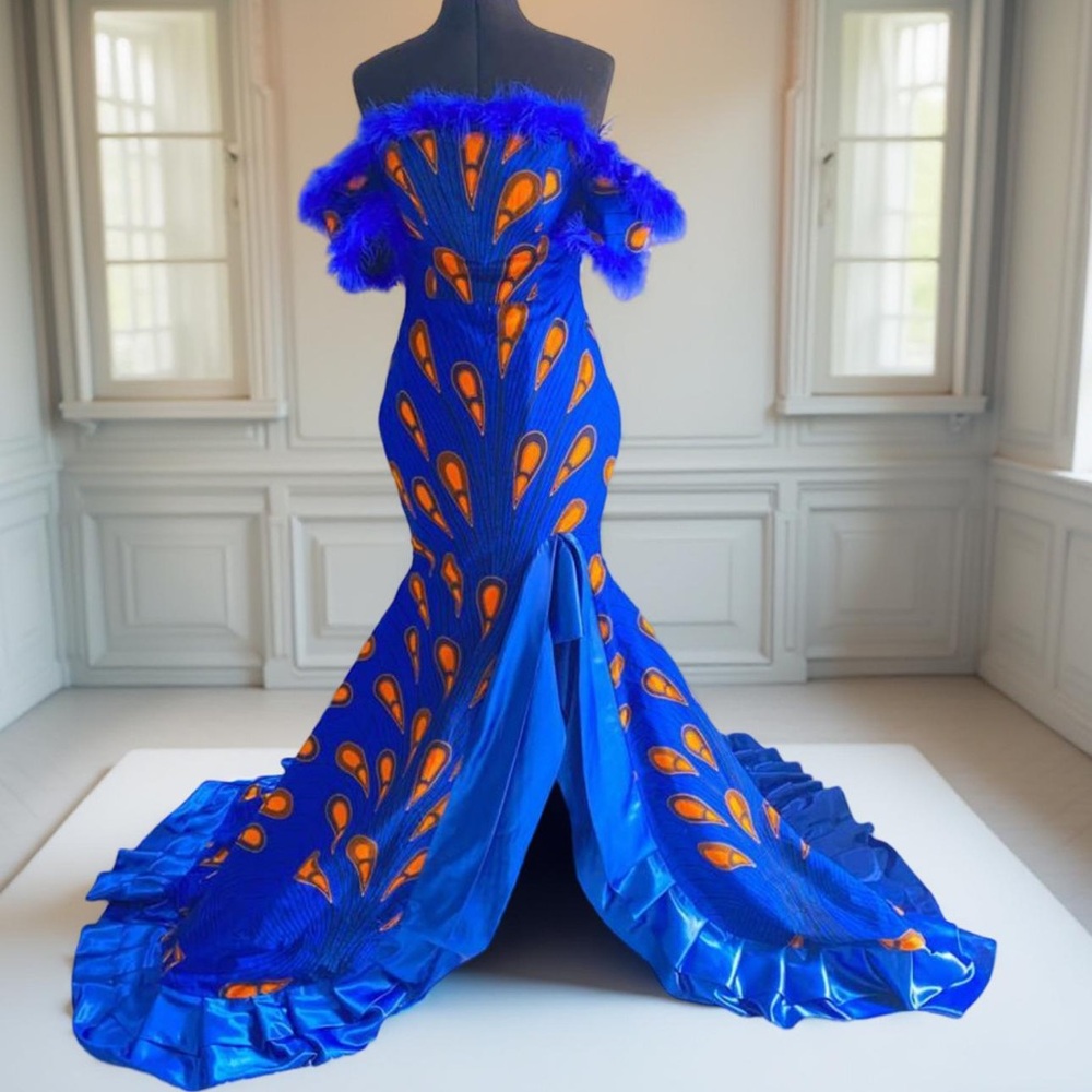 African Print Prom Dress - Vibrant Blue and Orange Off-Shoulder Gown